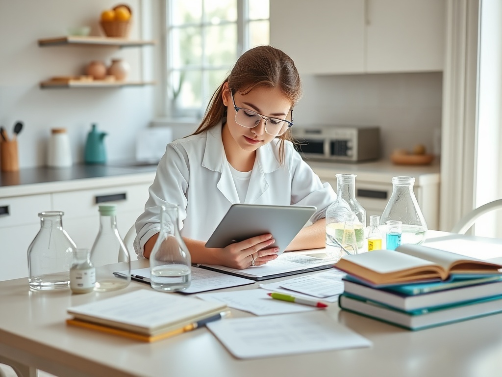 Молодая женщина в лабораторном халате изучает данные на планшете за столом с химическими стаканами и книгами.