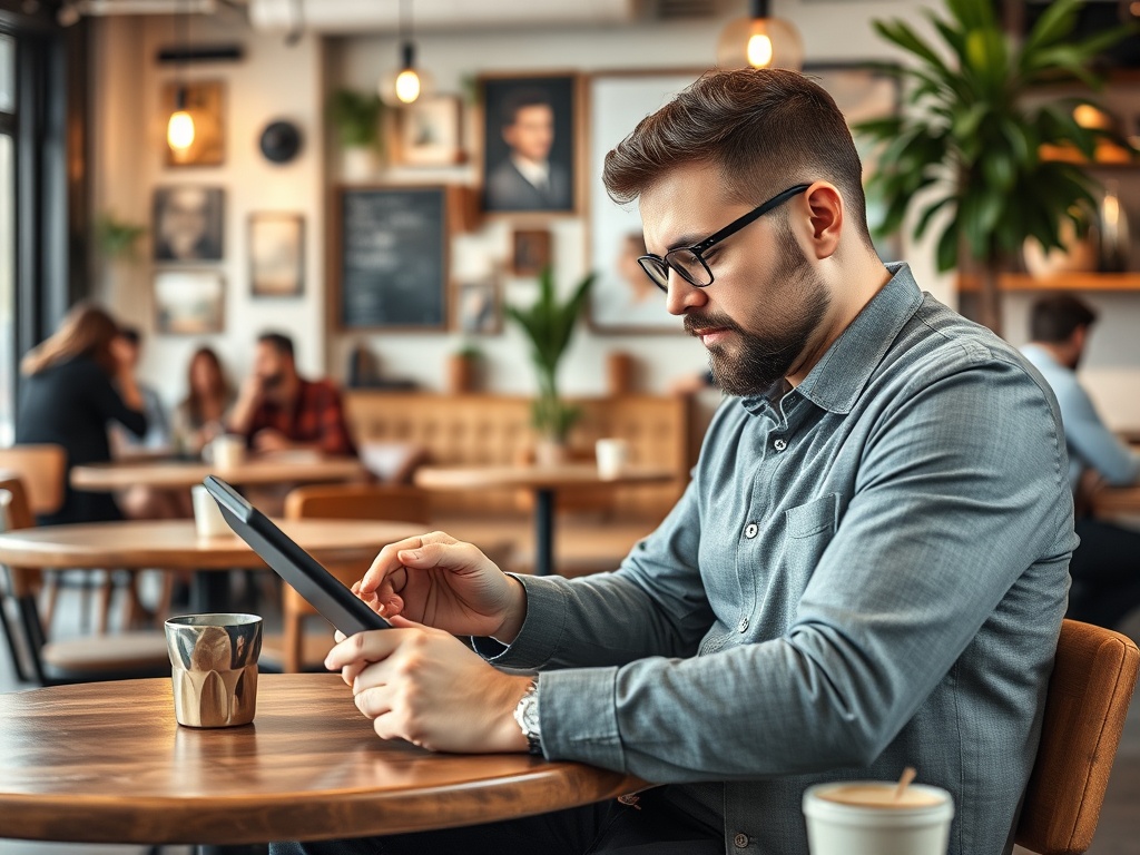 Мужчина с бородой и очками сидит в кафе, используя планшет и наслаждаясь кофе. Вокруг другие люди.
