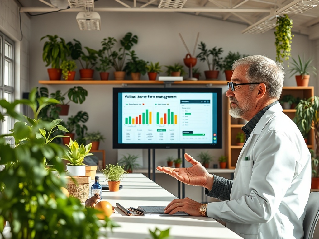 На изображении человек в белом халате обсуждает управление фермерством, сидя за столом среди зелени.